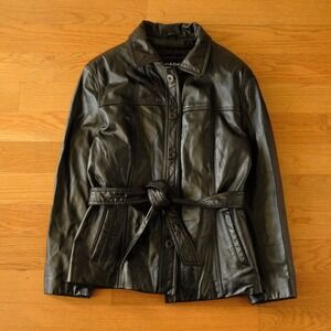 Wilsons Leather Belted Moto Jacket Black Womens Y2K Grunge Button Front Size L